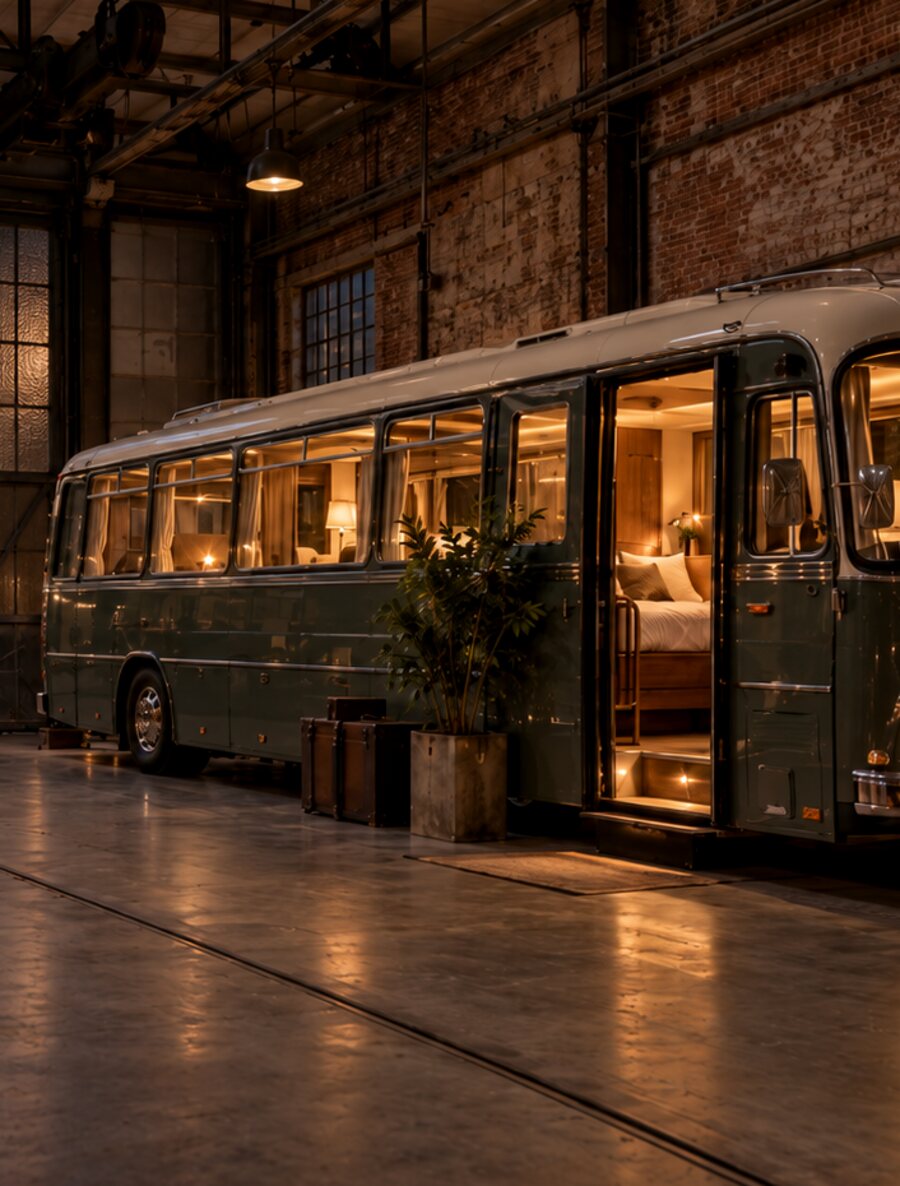 A vintage coach converted into a room, standing lit inside a tall brick workshop hall.