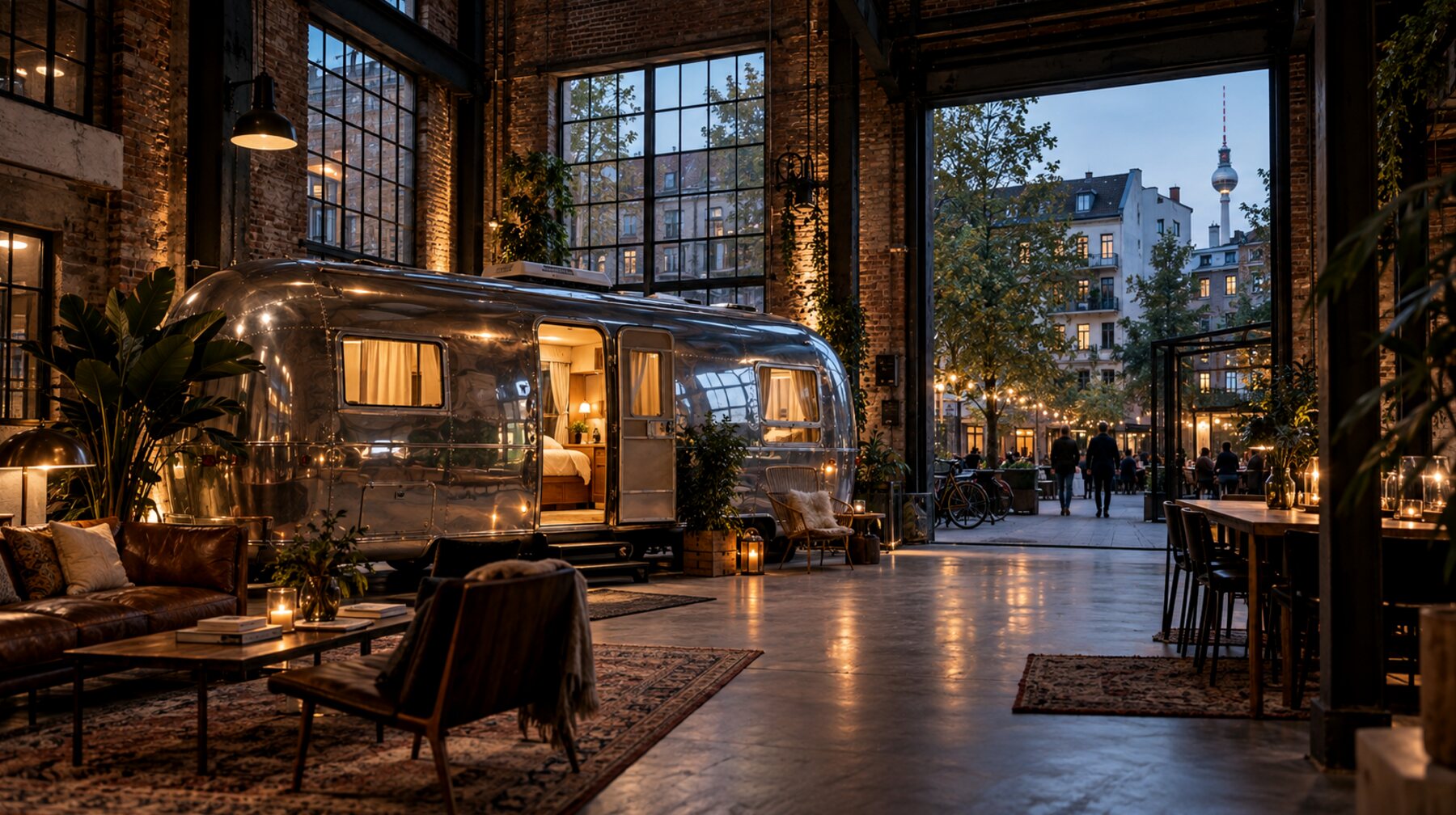 An Airstream inside a brick hall with lounge seating, the tall doors open onto a Berlin street at dusk and the Fernsehturm beyond.