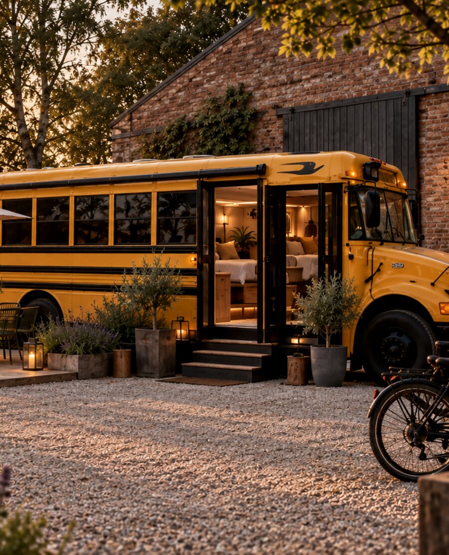 A converted bus alongside a brick building, with a covered terrace, planting and outdoor seating in evening light.