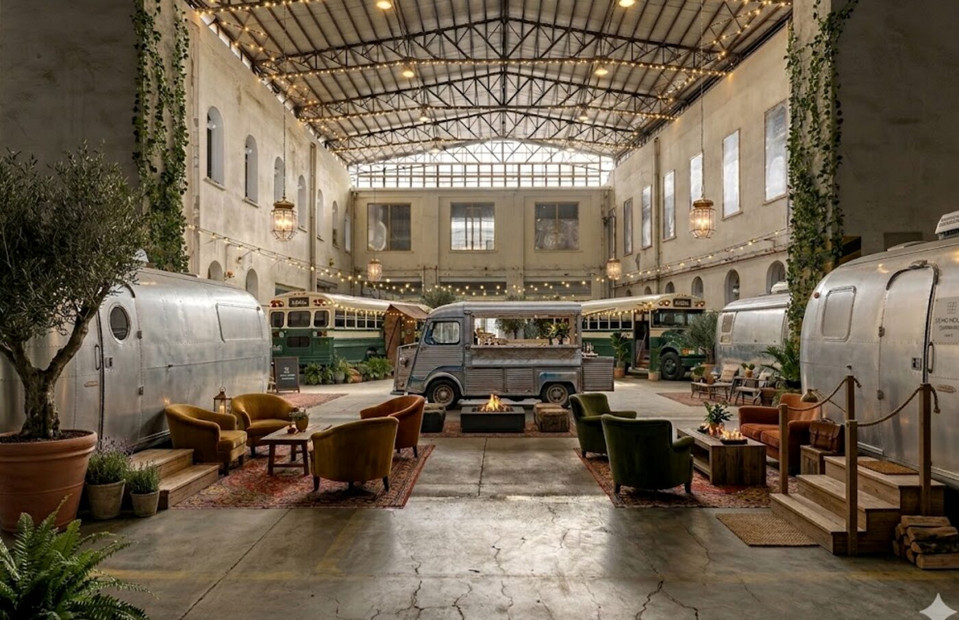 A tall hall with a glazed roof and vehicles arranged along both sides.