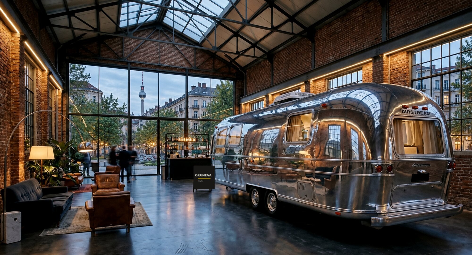 A polished Airstream standing inside a glazed industrial hall in Berlin, a warm lounge alongside it and the Fernsehturm visible through the glass.