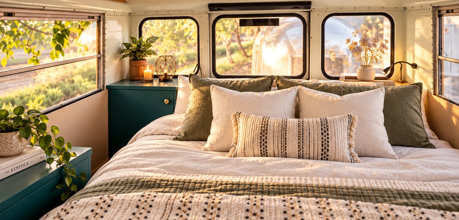 A made-up double bed inside the converted bus under a timber ceiling, framed by the original run of windows.