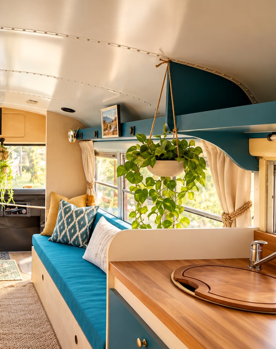 Inside the converted bus: a bench seat with cushions beside a timber counter, looking down the length of the vehicle.