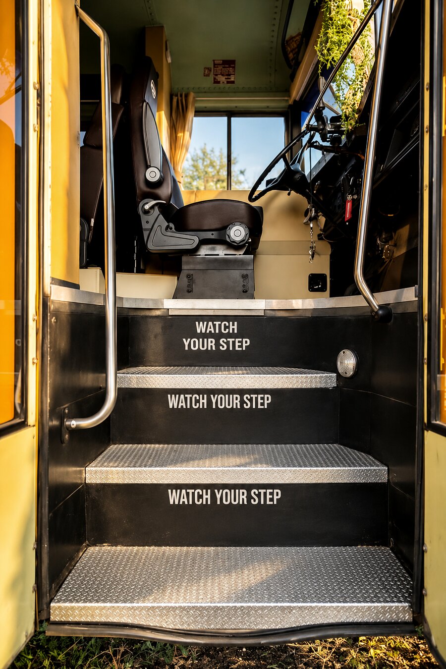 The open folding door of the bus and its steps, the original WATCH YOUR STEP lettering still in place, the driver's cab beyond.